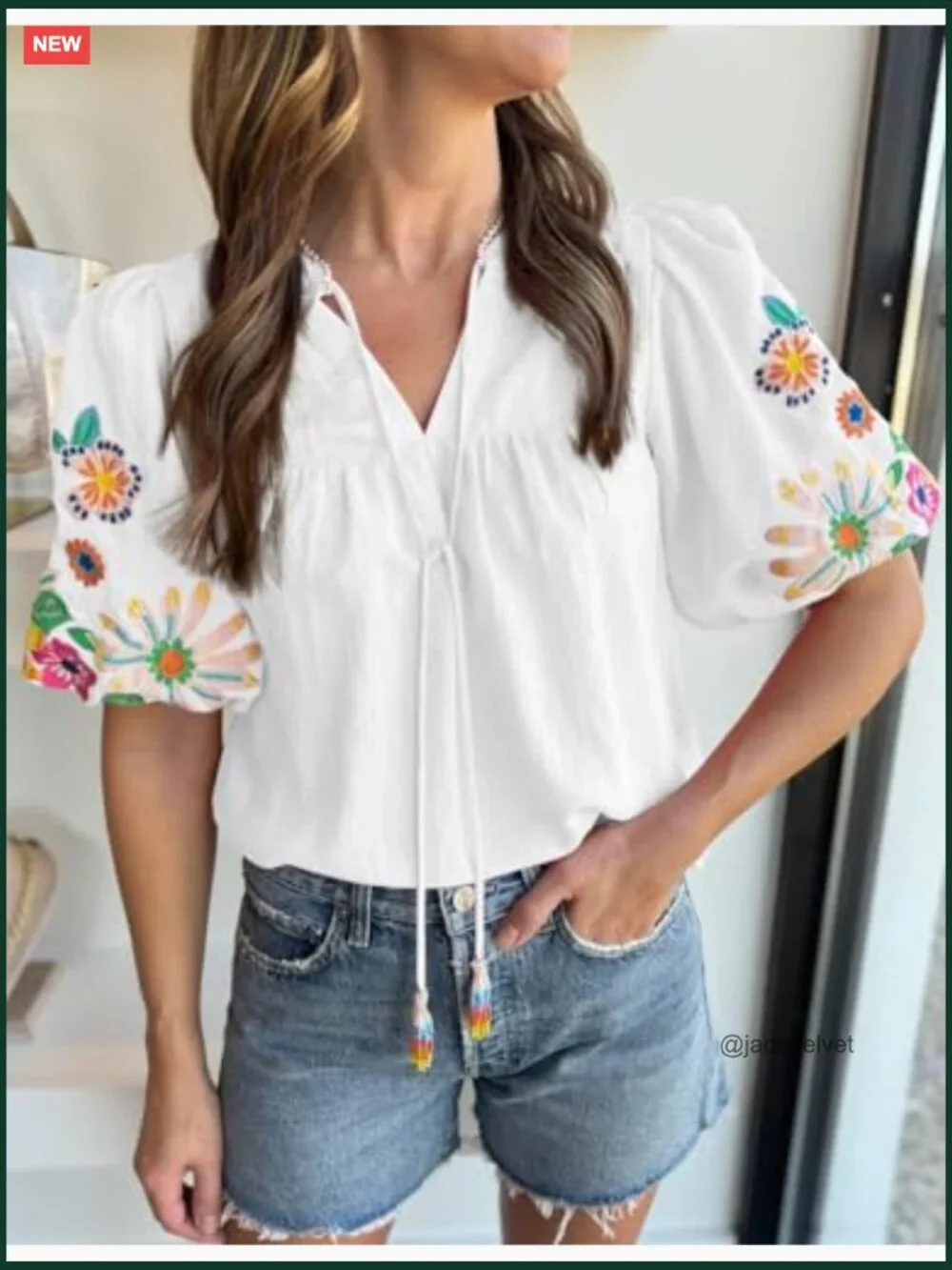 Boho Embroidered V Neck Tunic with Puff Sleeves